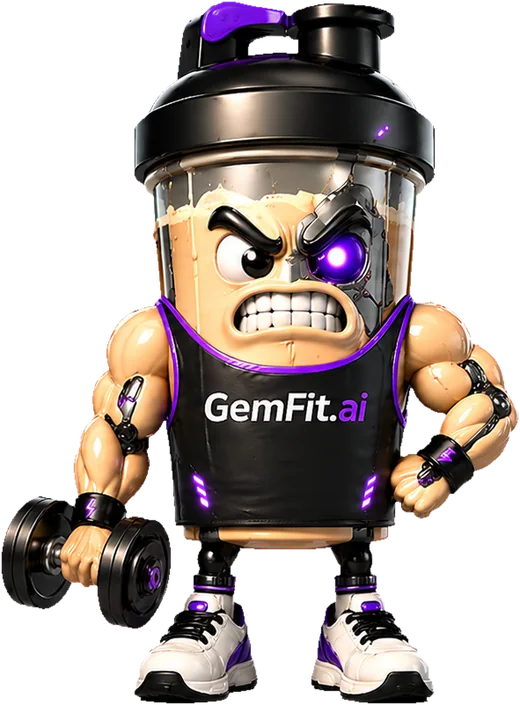 The GemFit mascot, a muscular shaker bottle holding a dumbbell.